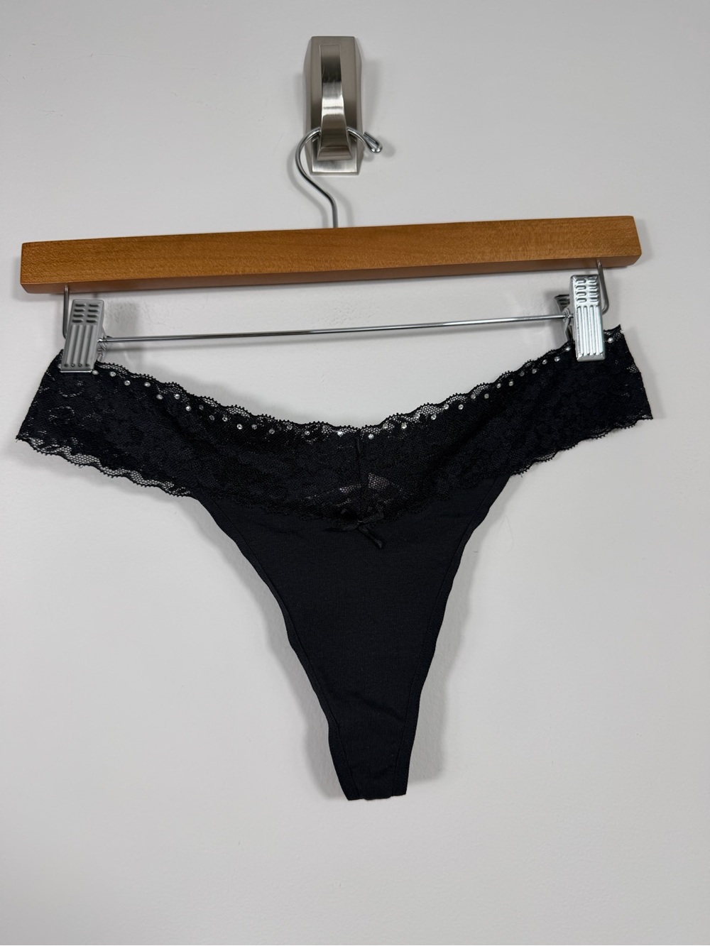 La Senza Black Lace Rhinestone Thong Panty L/G Large Y2K Lingerie